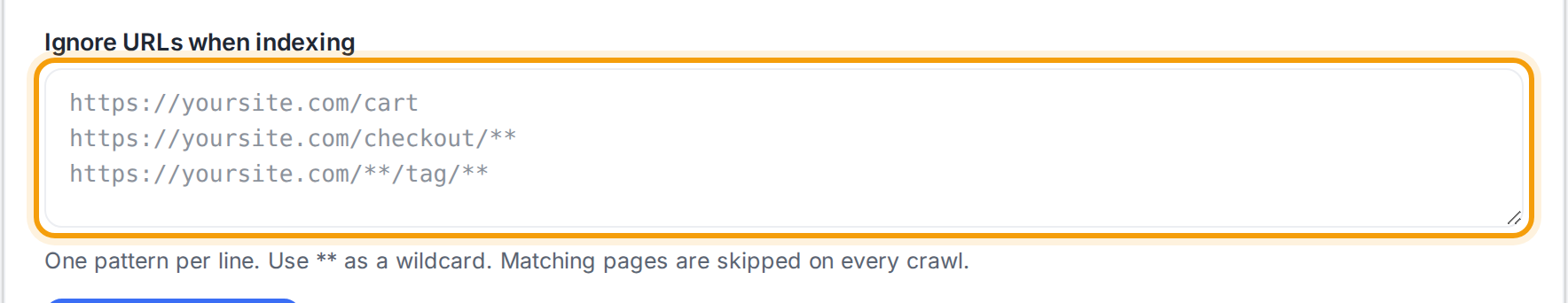 The Ignore URLs field with cart, checkout and tag patterns highlighted.