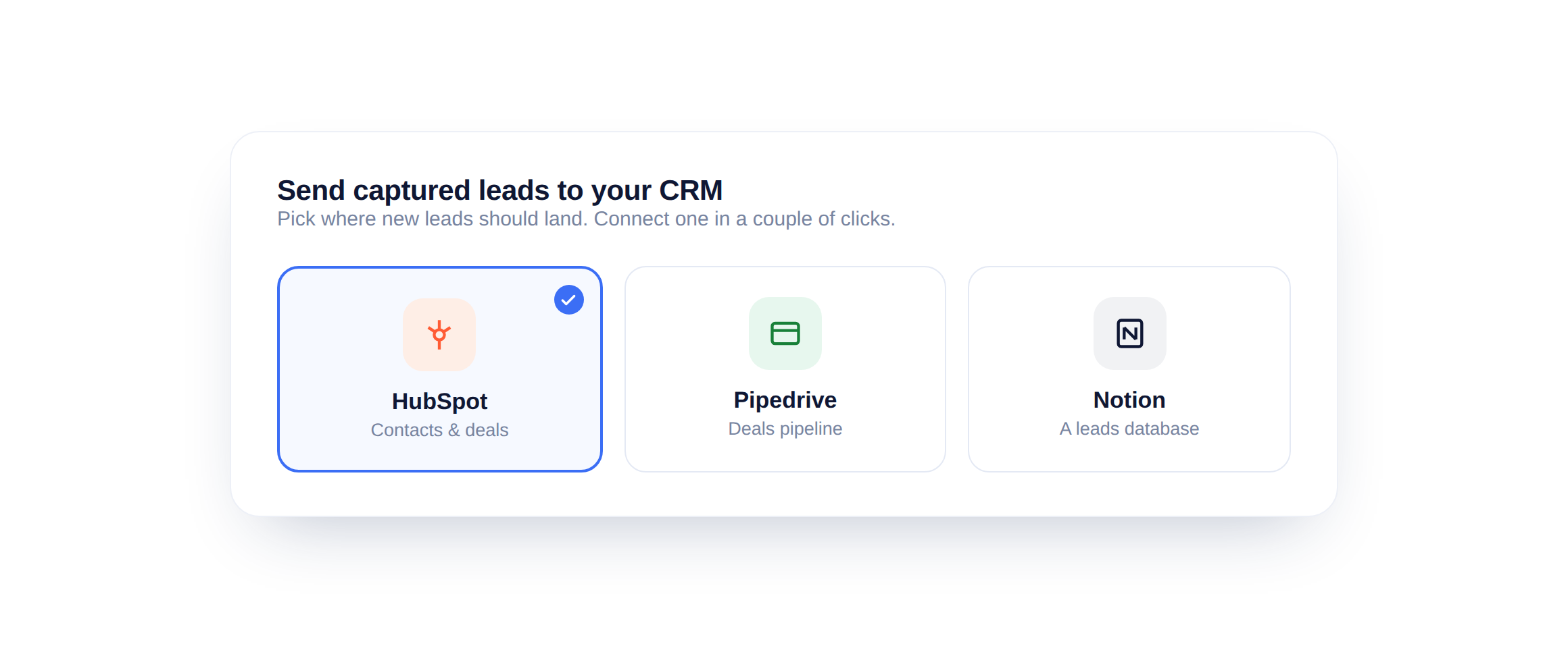 De CRM-keuze met HubSpot, Pipedrive en Notion, HubSpot geselecteerd.