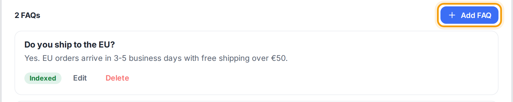 De FAQ-lijst met de knop FAQ toevoegen gemarkeerd.