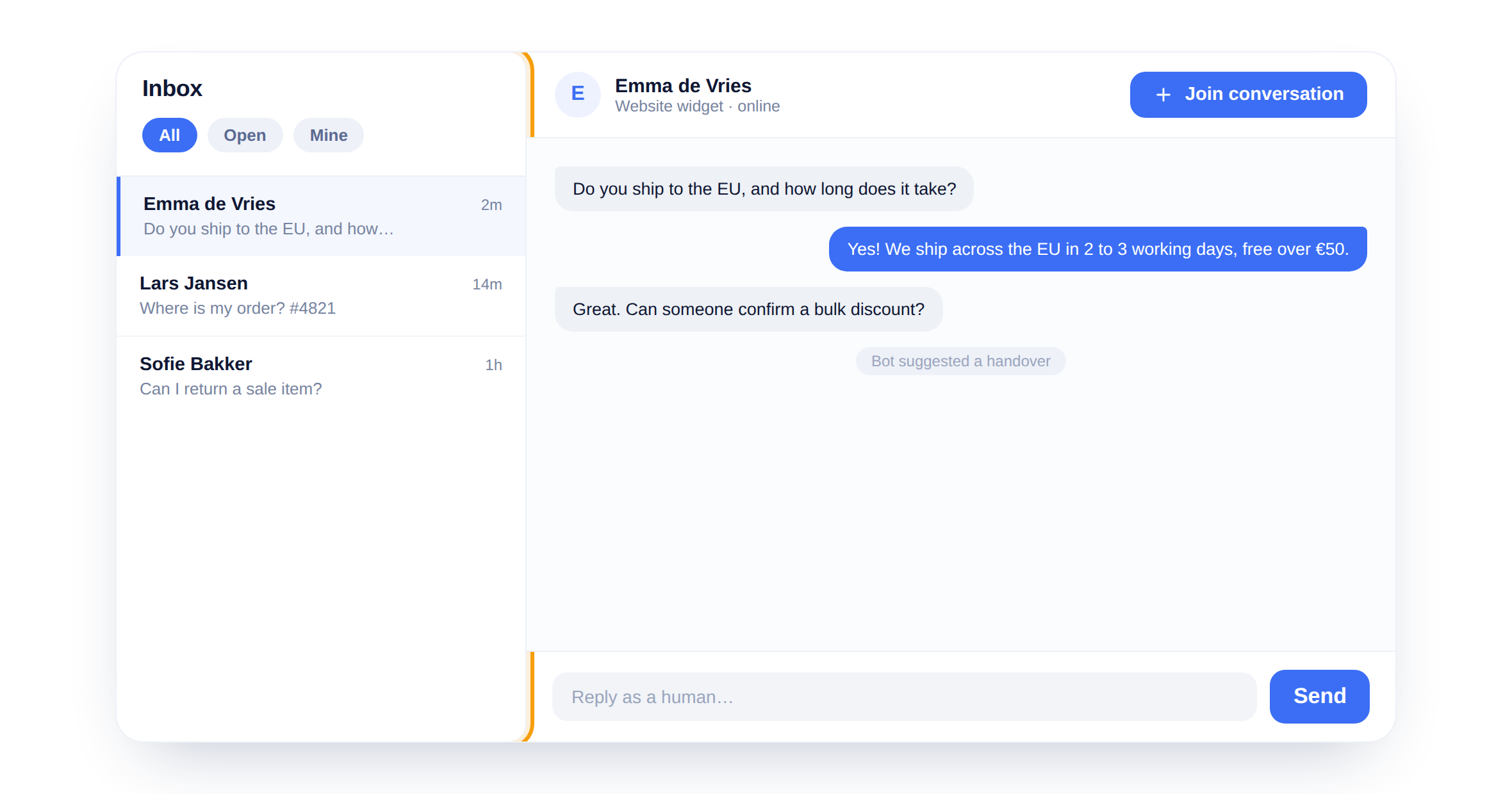 De gedeelde inbox met de filterbare gesprekkenlijst uitgelicht.