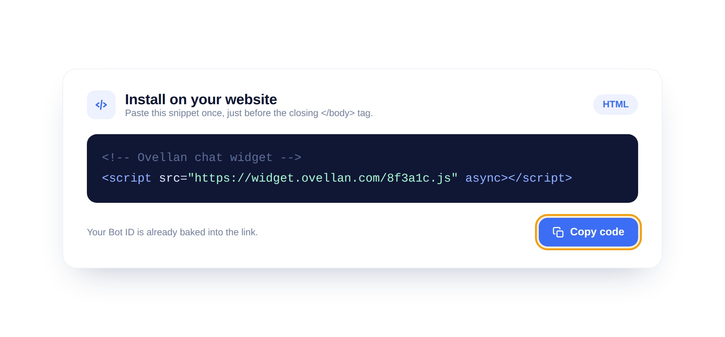 Het paneel Installeren met het embedscript en een uitgelichte knop Code kopiëren.