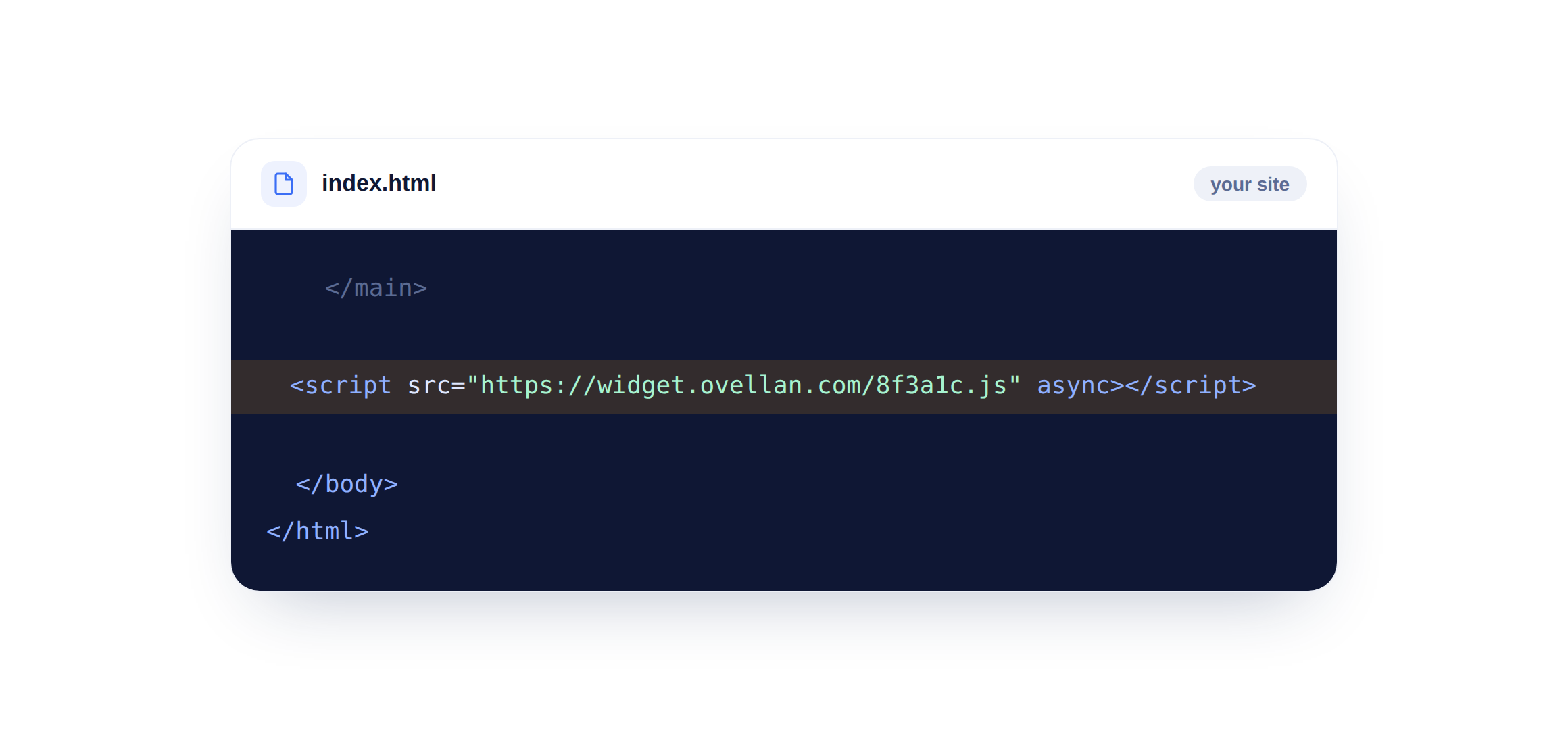 Een HTML-bestand met het Ovellan-script vlak boven de afsluitende body-tag, uitgelicht.