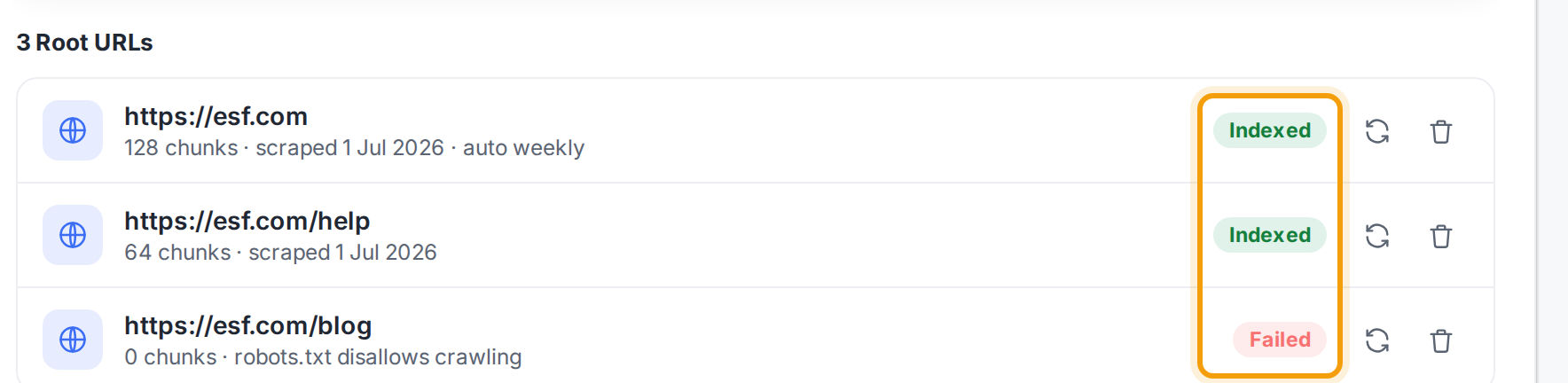 Drie gecrawlde URL's, twee gemarkeerd als Geïndexeerd in het groen en één als Mislukt in het rood.