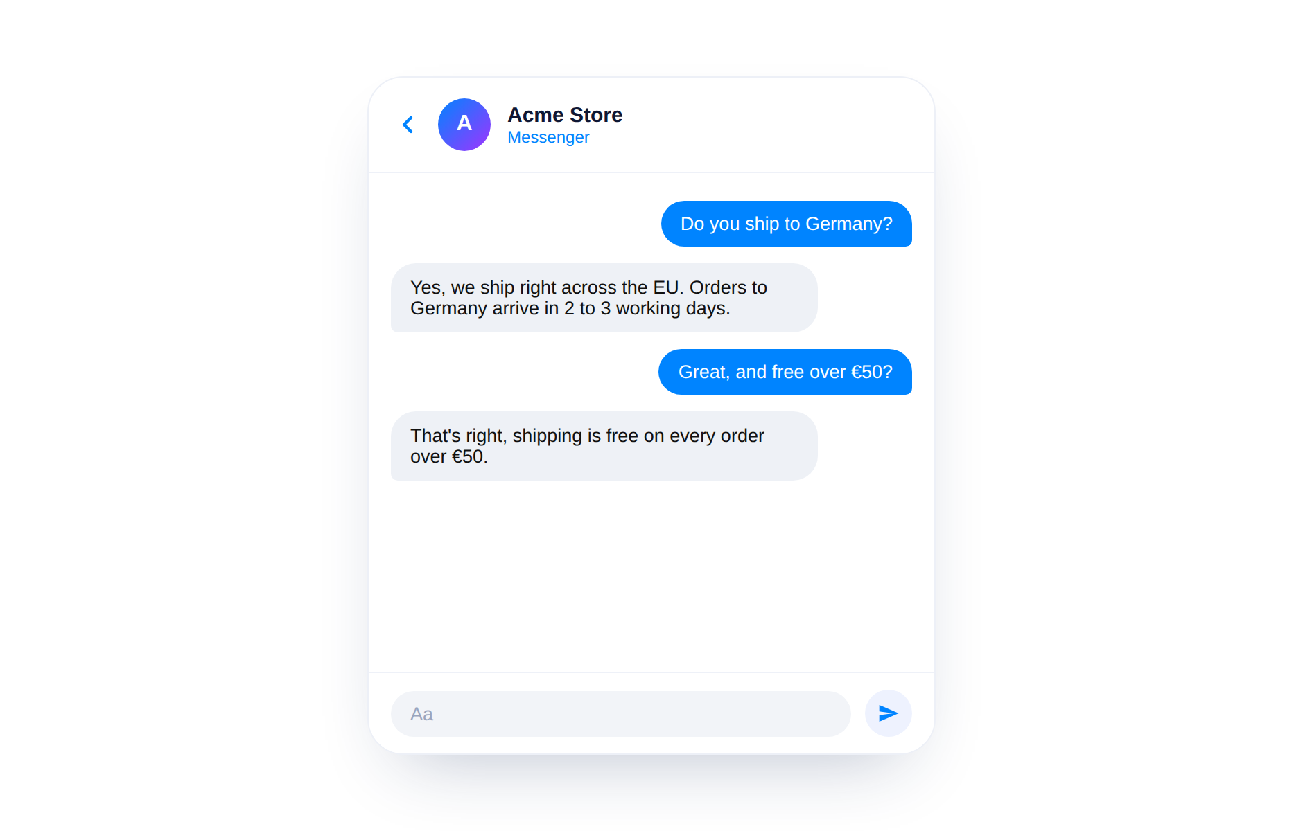 Een Facebook Messenger-chat waarin de bot vragen over verzending beantwoordt.