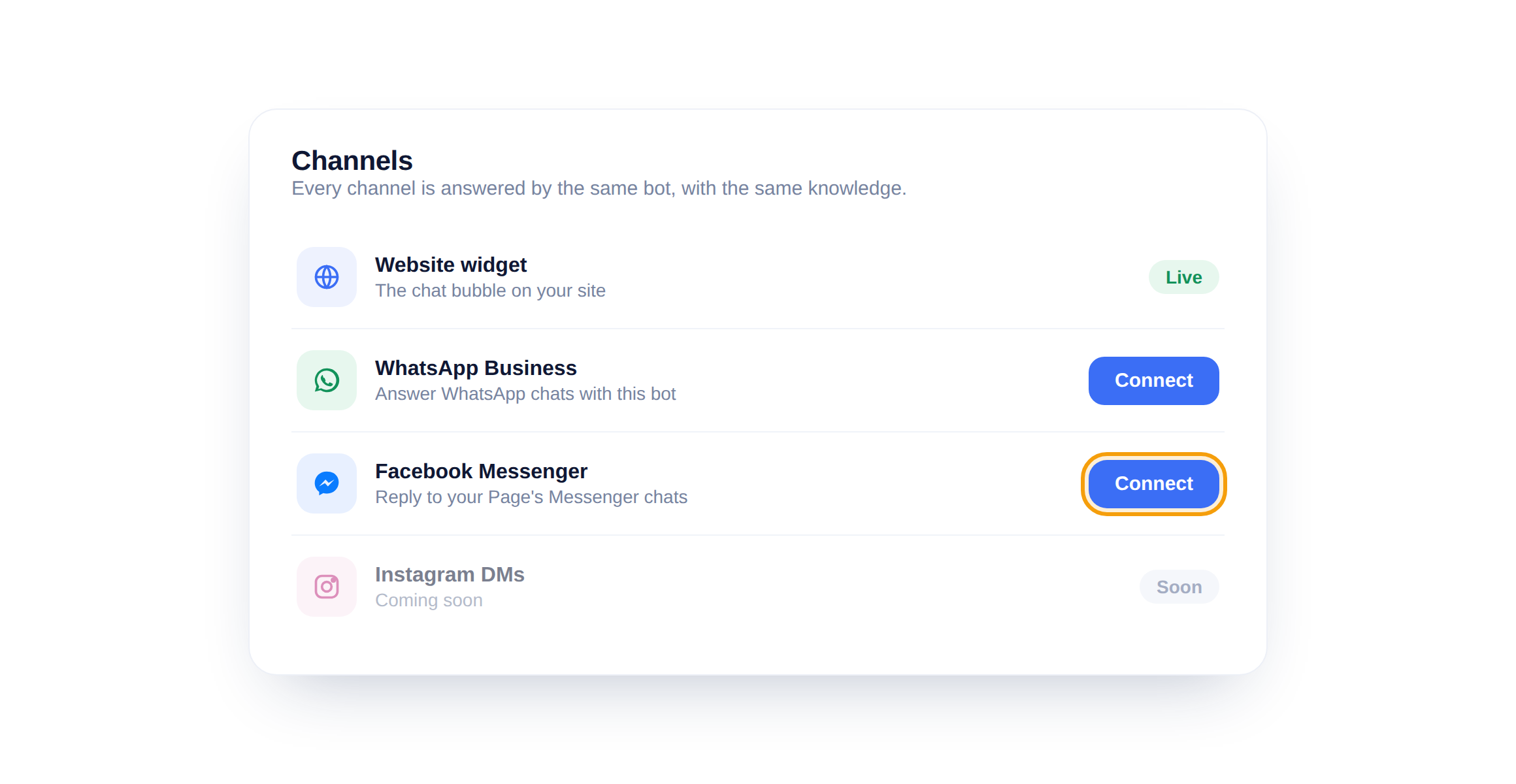 Het Kanalen-paneel met de knop Koppelen bij Facebook Messenger gemarkeerd.
