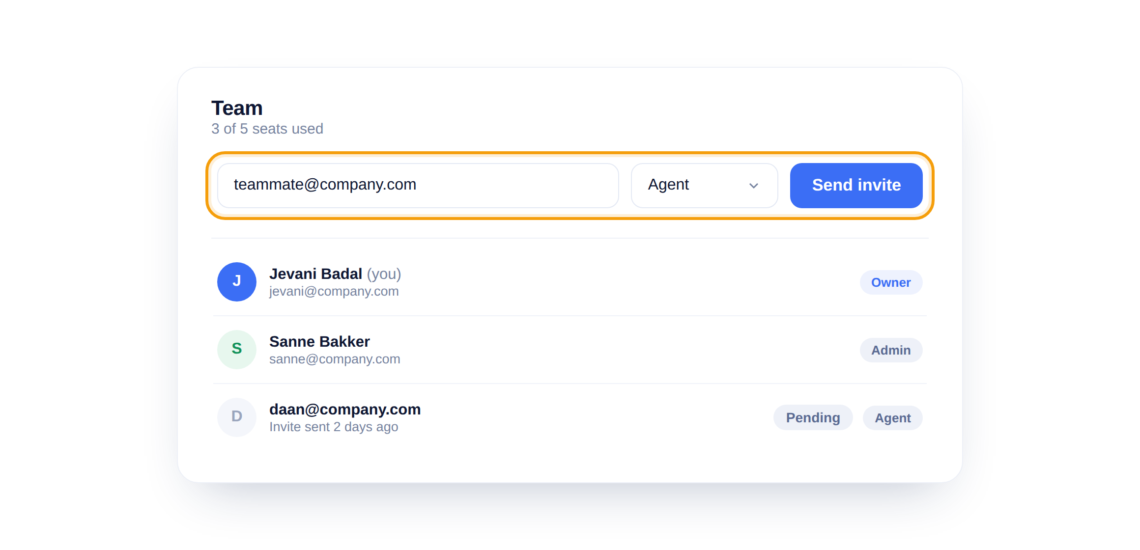 The invite row with an email field, role dropdown and Send invite button highlighted.