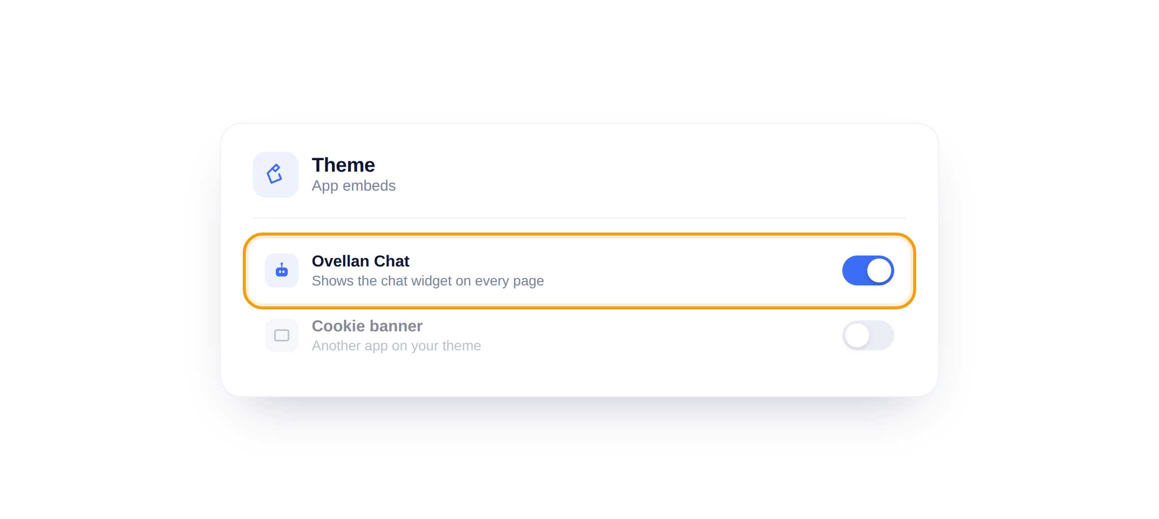 Het paneel App-insluitingen in je Shopify-thema met de schakelaar Ovellan Chat aangezet.