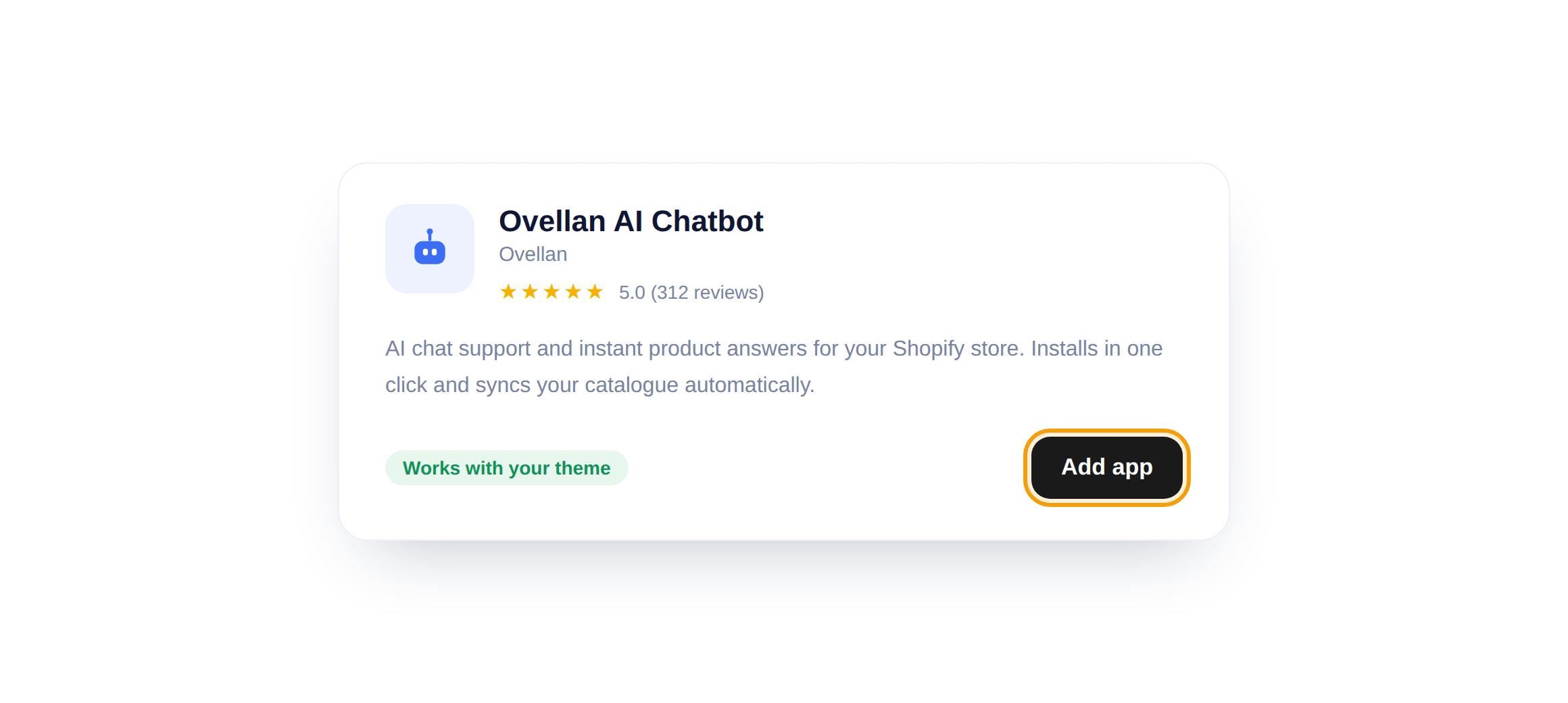 De vermelding van Ovellan AI Chatbot in de Shopify App Store met de knop App toevoegen uitgelicht.