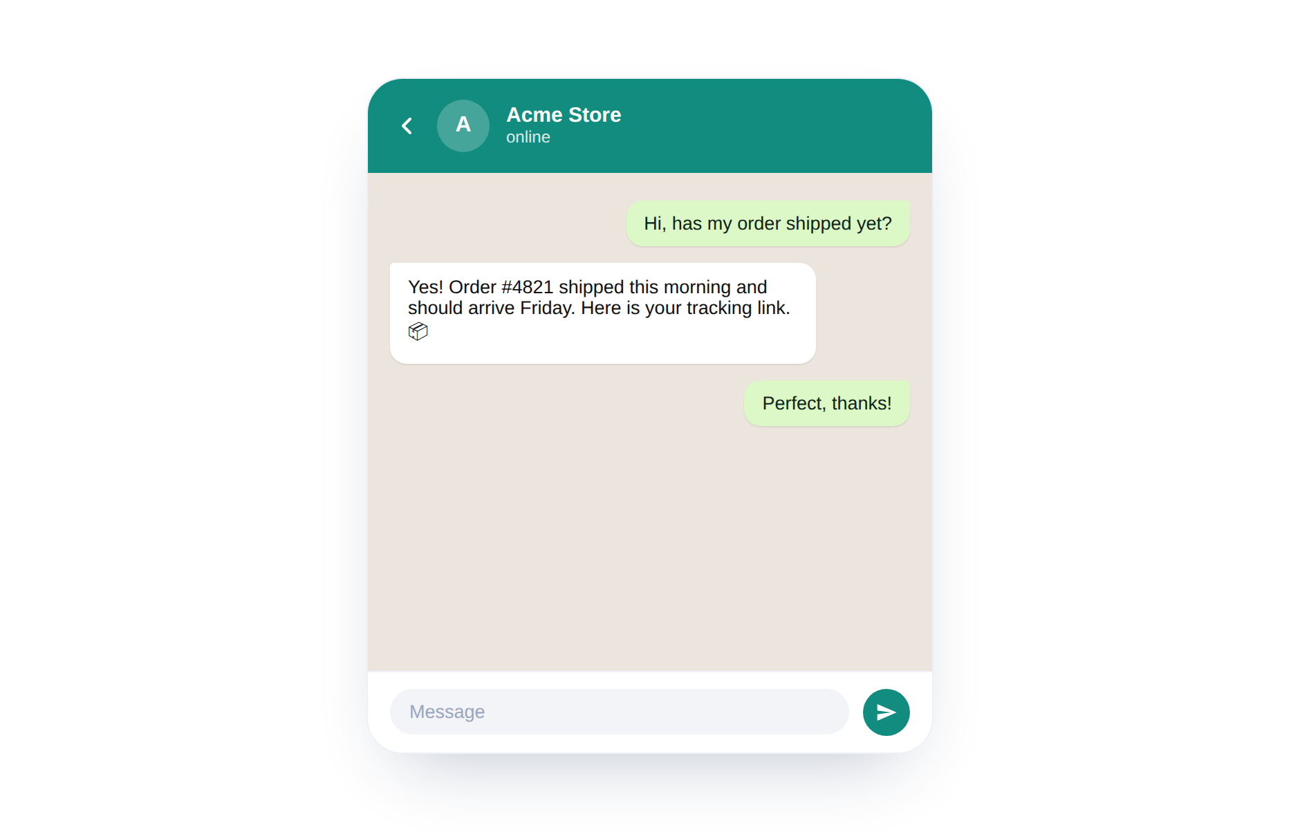 A WhatsApp chat where the bot answers a question about an order.
