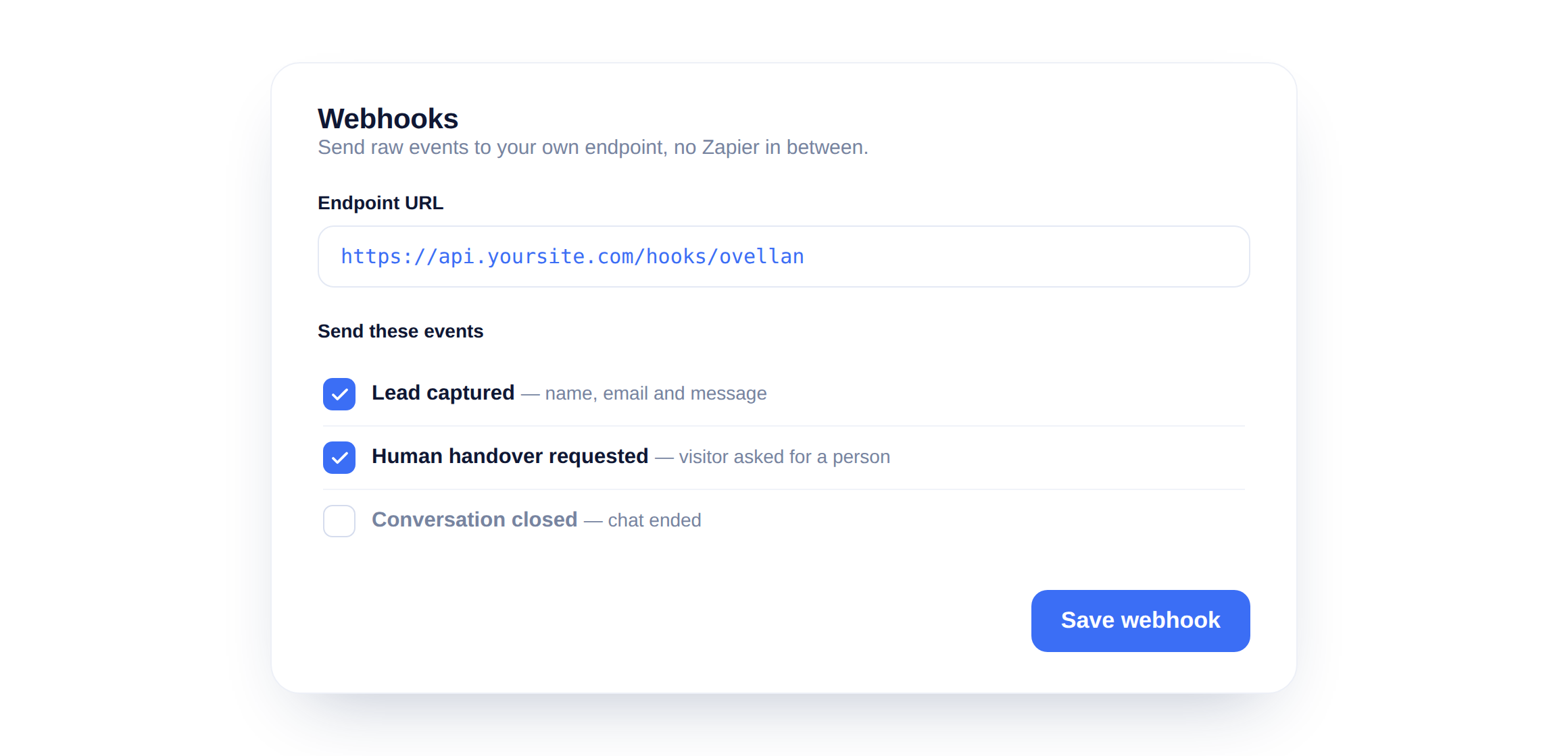 Een webhook-instellingenpaneel met de event-selectievakjes gemarkeerd.