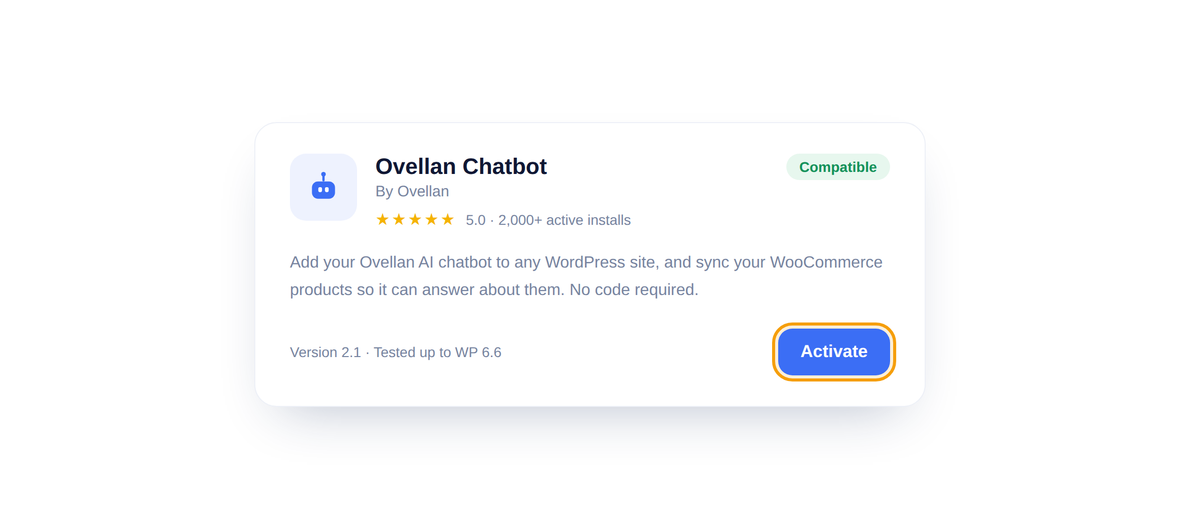 The Ovellan Chatbot plugin card with the Activate button highlighted.