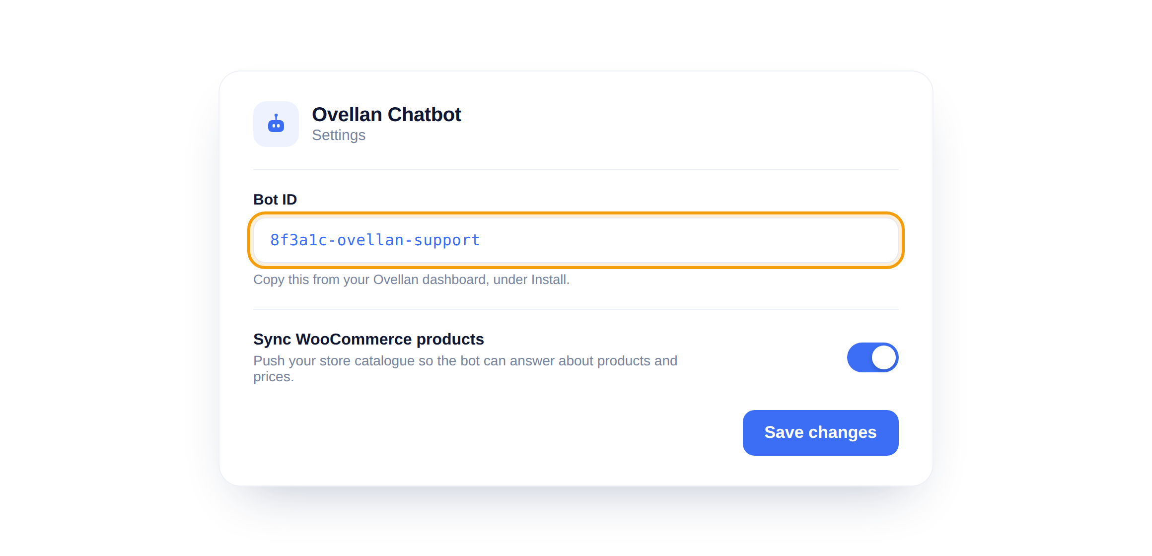 The Ovellan plugin settings with the Bot ID field highlighted.